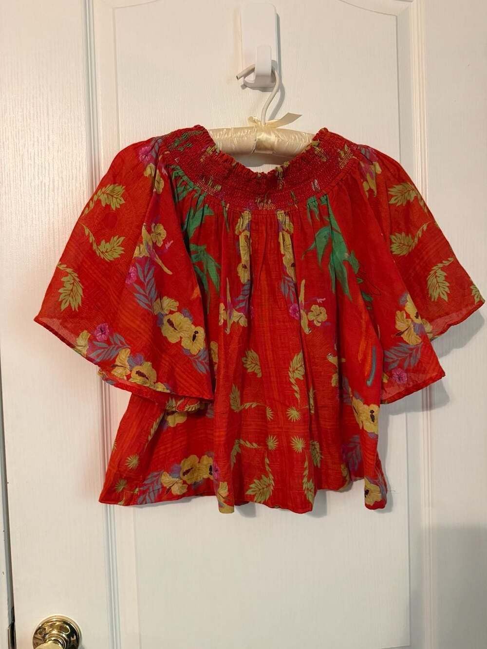 Coniglio Palm Beach Red Floral Tropical Parrot Smocked Off Shoulder Blouse